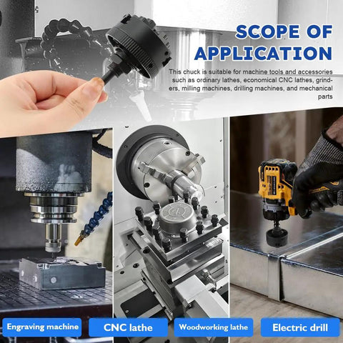 Heavy Duty Three Jaw Lathe Chuck Set With Self Centering Extension Rod Kit For Mini CNC Milling And Wood Lathes Built Like A Tank With Sleek Black Finish And Solid Grip in use on CNC lathe and engraving machine.