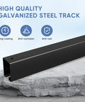 Close-up of black galvanized steel track for 12 Foot Double Doors, showing anti-rust and anti-corrosion features.