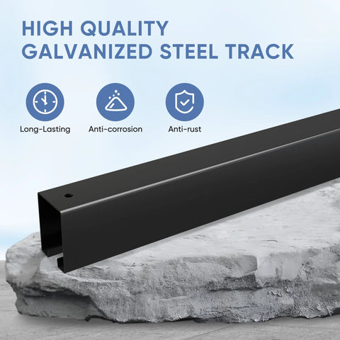 Close-up of black galvanized steel track for 12 Foot Double Doors, showing anti-rust and anti-corrosion features.