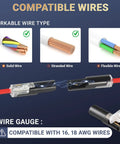 Diagram showing One Pin Low Voltage Wire Plug-In Connector For 16-18 AWG with visual wire compatibility and connection examples.