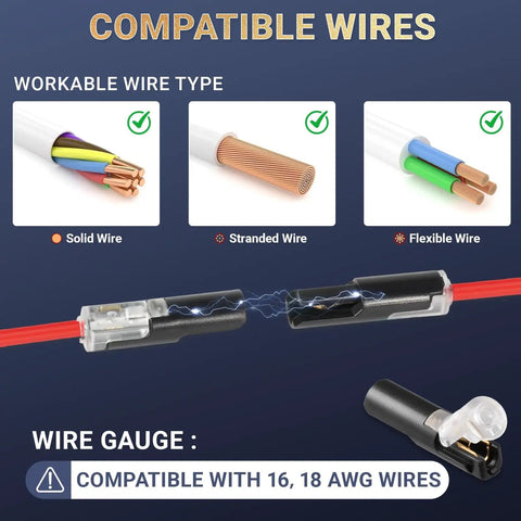 Diagram showing One Pin Low Voltage Wire Plug-In Connector For 16-18 AWG with visual wire compatibility and connection examples.