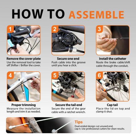 Universal Bicycle Cable Kit For Brake And Shift Cables With Housing End Caps O Rings step-by-step assembly guide.