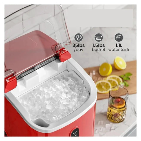 Grab And Go Countertop Pellet Ice Maker With Sturdy Handle and Single Knob Self Cleaning displays 35 lbs of fresh nugget ice.