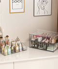 Clear Acrylic Stackable Makeup Organizer With Drawer Elevates Your Vanity Routine, showcasing cosmetics and brushes on a tidy countertop.