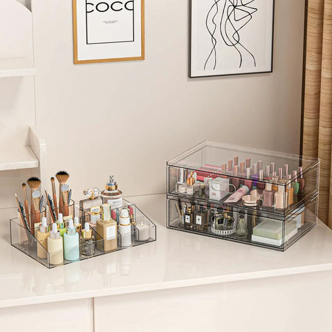 Clear Acrylic Stackable Makeup Organizer With Drawer Elevates Your Vanity Routine, showcasing cosmetics and brushes on a tidy countertop.