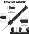 Hardcore Micro Drill Bit Set With Slick Black Pin Vise Hand Drill Featuring a rotatable base and detachable head for precision tasks.