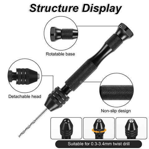 Hardcore Micro Drill Bit Set With Slick Black Pin Vise Hand Drill Featuring a rotatable base and detachable head for precision tasks.