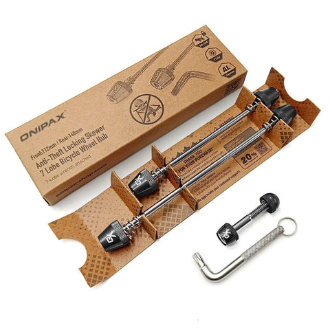 Anti Theft Bicycle Locking Skewer Set With 7 Lobe Security Key For Mountain And Road Bikes in packaging, black, with key