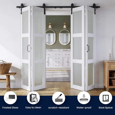 White Frosted Glass Bifold Barn Door 48x84 Inches With Hardware Kit Included Installed in Hallway