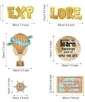 Travel The Map Bulletin Board Set For Classrooms 27 Piece Travel Cutouts with motivational sayings, hot air balloon, globe.