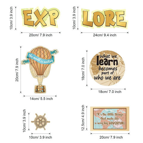 Travel The Map Bulletin Board Set For Classrooms 27 Piece Travel Cutouts with motivational sayings, hot air balloon, globe.