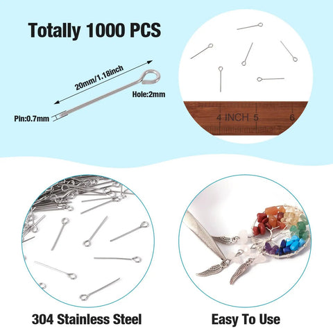 Stainless Steel Eye Pins For Jewelry Making, 1000 Pcs 21 Gauge Open Eye Pins 3/4 Inch 20mm, Durable 304 Stainless Steel Bulk Pack For Earrings, Pendants, And Bead Projects, 20mm silver pins