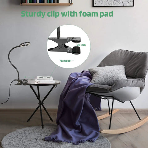 Room with Clip On LED Reading Light With 36 LEDs, Eye Caring Desk Bed Headboard Lamp on table, showing clip with foam pad