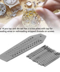 Pro Grade Miniature Tap And Die Set 14 Piece Watch Repair Tool Kit with detailed tap and screw plate for precision threading.