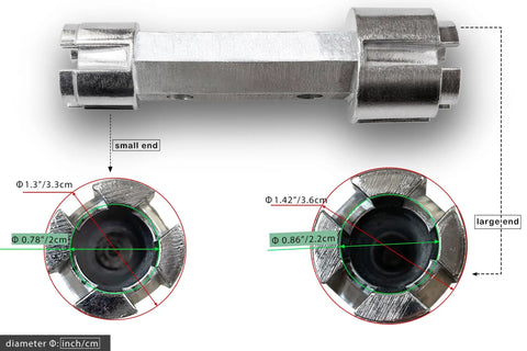 Dual-ended dumbbell design heavy-duty aluminum tub drain remover wrench showing small and large diameter ends for bath drains.