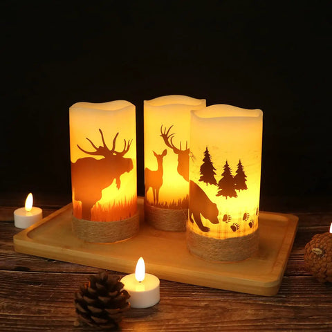 Flameless Flickering LED Pillar Candles With Hemp Rope And 6 Hour Timer Battery Operated Set Of 3 Real Wax Rustic Candles With Deer Moose Bear Decals