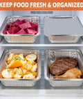 60 Pack Aluminum Foil Pans With Lids, 8.5 By 6 Inch, 2.25 Lb Capacity storing food in fridge, showing meals in disposable bakeware