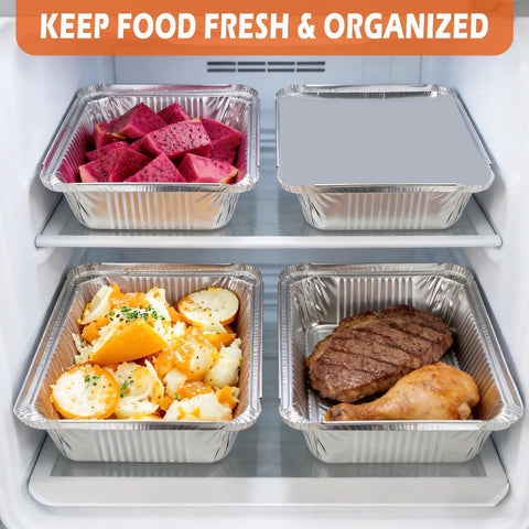 60 Pack Aluminum Foil Pans With Lids, 8.5 By 6 Inch, 2.25 Lb Capacity storing food in fridge, showing meals in disposable bakeware