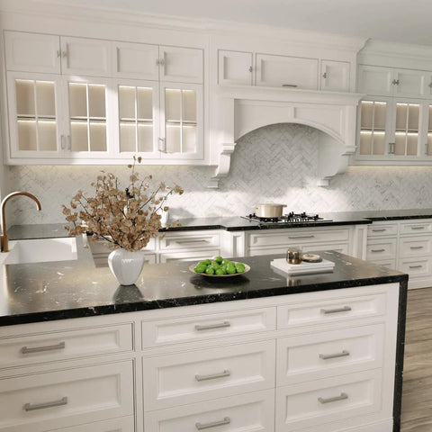 Modern kitchen with white cabinetry featuring 30 Pack Brushed Nickel Cabinet Pulls Square Dresser Handles In Stainless Steel For Drawers And Cupboards, 7-1/2 Inch Centers, Heavy Duty Hardware For Kitchen Cabinets And Furniture.