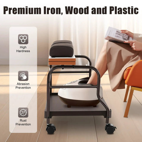 Top Shelf Foldable Two Tier Foot Bath Trolley With Smooth Swivel Casters And Integrated Manicure Station For Ultimate Spa Vibes And Salon Quick Setup Coffee Heavy Duty Wood And Steel Frame next to a pedicure machine.
