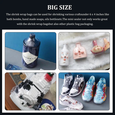 80 Pack Clear Pvc Heat Shrink Wrap Bags 10 By 16 Inches, securing various items like bottles and toys for safe storage.