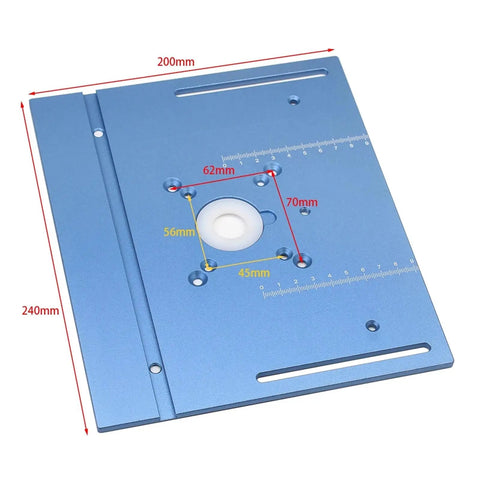 Top Shelf Aluminum Router Table Insert Plate Featuring Crisp Measurement Scale, 200mm x 240mm, blue, for precise woodworking.