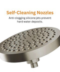 High Pressure Shower Head Six Inch For Homes With Low Water Pressure Easy Install Leakproof Fixed Shower Head With Angle Adjustable Swivel Ball Brushed Nickel No More Weak Sprays Hard Water Resistant And Easy To Clean showing self-cleaning nozzles.