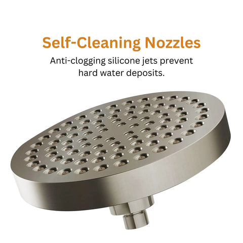 High Pressure Shower Head Six Inch For Homes With Low Water Pressure Easy Install Leakproof Fixed Shower Head With Angle Adjustable Swivel Ball Brushed Nickel No More Weak Sprays Hard Water Resistant And Easy To Clean showing self-cleaning nozzles.