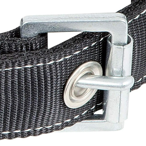 Buckle detail of Fall Protection Safety Harness Positioning Belt With Padded Lumbar Support 2 D Rings Black XL