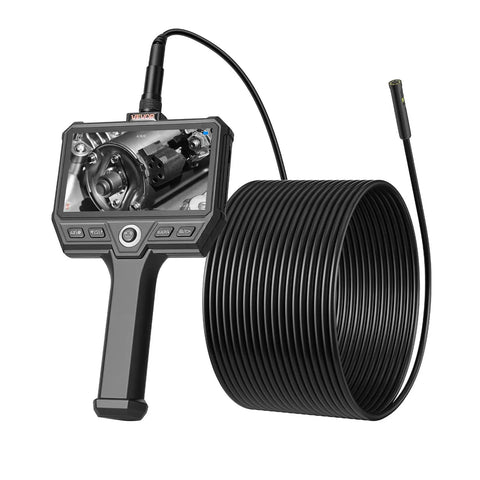 Triple Lens Endoscope With Ultra Rigid Thirty Two Point Eight Feet Cable Industrial Borescope With Light Five Inch IPS Screen IP67 Waterproof LED Lights Eight X Zoom Pro Grade Build Snake Camera For Auto And Plumbing, shown with coiled cable