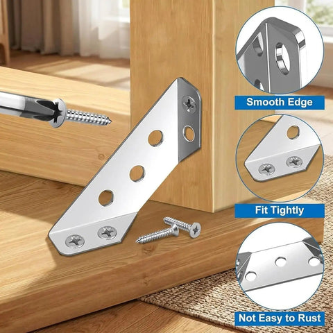 10 Pack Heavy Duty Stainless Steel Triangle Bracket Set For Furniture attached to wooden furniture with screws.