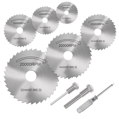 Eight Piece HSS Drill Saw Blades Kit For Rotary Tools And Drills, One Eighth Inch Shank Cutting Wheel Set with screwdriver
