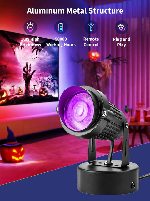 10W Indoor RGBW LED Spotlight With Remote Control Color Changing Uplighting For Holiday Decor on Halloween display