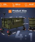 High Capacity 220L Collapsible Wagon Cart With 38 Inch Long Foldable Design Heavy Duty All Terrain Wheels in green, dimensions shown.