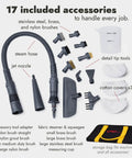 No Sweat Handheld Steam Cleaner Pumping Hot Vapor To Blast Bed Bugs Clean Car Interiors And Scrub Tile Grout Like A Champ With Zero Hassle And Major Guaranteed Results accessories including steam hose and various brushes.