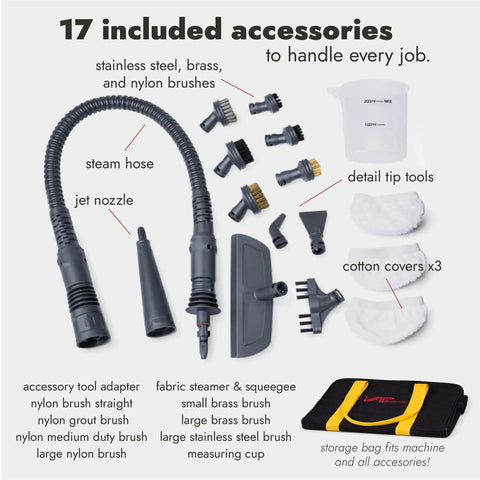 No Sweat Handheld Steam Cleaner Pumping Hot Vapor To Blast Bed Bugs Clean Car Interiors And Scrub Tile Grout Like A Champ With Zero Hassle And Major Guaranteed Results accessories including steam hose and various brushes.