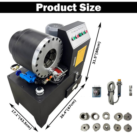 Rock Solid Electric Hose Crimping Machine For Hydraulic Tube Press With Ten Die Kits. Dimensions: 31.5" x 26.4" x 17.1".