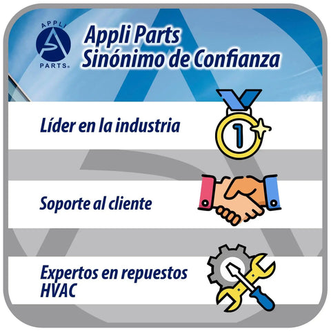 Illustration showing Appli Parts logo, industry leader badge, handshake for customer support, and HVAC parts expertise icons.