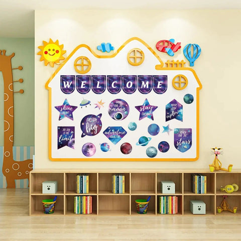 Space Themed Bulletin Board Decorations Set for Classroom Science Decor Includes 7 Welcome Signs 12 Planet Star Cutouts