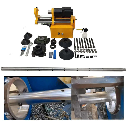 EQCOTWEA 110V portable line boring machine, front view, yellow body with 4.9 ft alloy boring bar and accessories (Amazon)