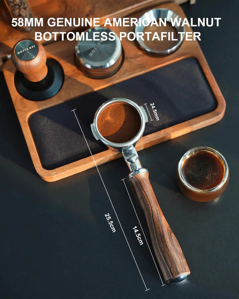 Premium 58mm Bottomless Portafilter With Thick Walnut Handle For Breville Dual Boiler And Oracle Touch Espresso Machines on a dark surface.