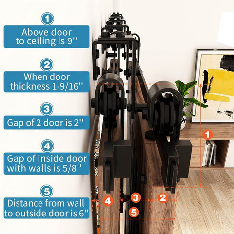 Close-up of 9 Foot Double Track Bypass Sliding Barn Door Hardware Kit For Two Doors Low Ceiling Ready Easy Install J Shape Hanger
