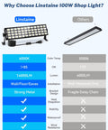 Comparison of Linstaine 100W shop light and other lights with features like 6000K color temp, 14000 lumens, and waterproof design.