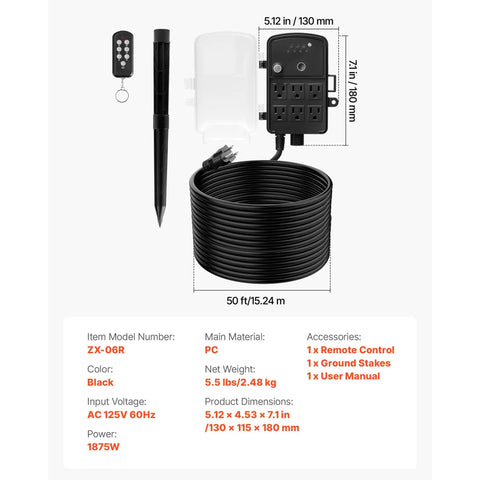 Heavy-Duty Outdoor Power Stake with Smart Timer Acts As a Power Party Starter Transforming One Dead Outlet Into Six Connected Hubs, 50 ft weatherproof extension cord with remote, black color and ground stakes.