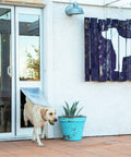 Premium Rock Solid Insulated Pet Door For Extreme Weather With Dual Pane Tempered Glass Heavy Duty Beefy Frame White Finish, dog using door.