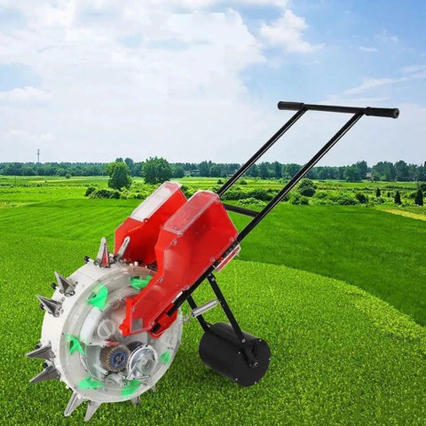 Manual Seeder Spreader With Eight Seed Plates in garden setting, hand push roller planter, red and black design.