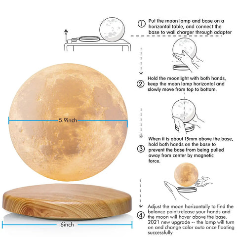 Lit Levitating Moon Lamp With 18 Color Modes And Remote Control Magnetic Levitation Floating Moon Night Light 5.9 Inch Safe PLA Material on wooden base with instructions
