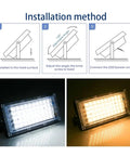 Installation method for JUDYSSY 50W 100W Uv Led Flood Light Ip65 Waterproof with adjustable angle and power connection.