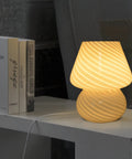 Glass Mushroom Bedside Lamp With Vintage Stripe Glass Delicate Nightstand Desk Light For Living Room And Bedroom USB Powered Night Light Adjustable Three Color Temperatures Cozy Vibe Home Decor on white table