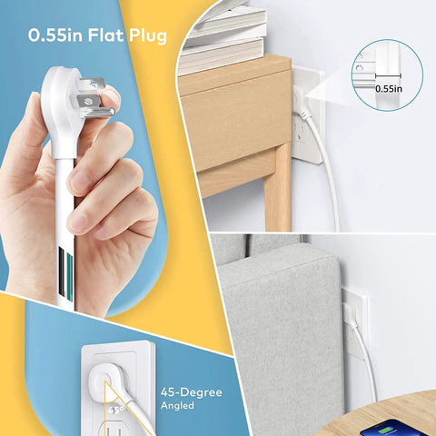 Close-up of 0.55in flat plug design on 15ft Flat Plug Power Strip With 4 Widely Spaced Outlets And 4 USB Ports Including USB C